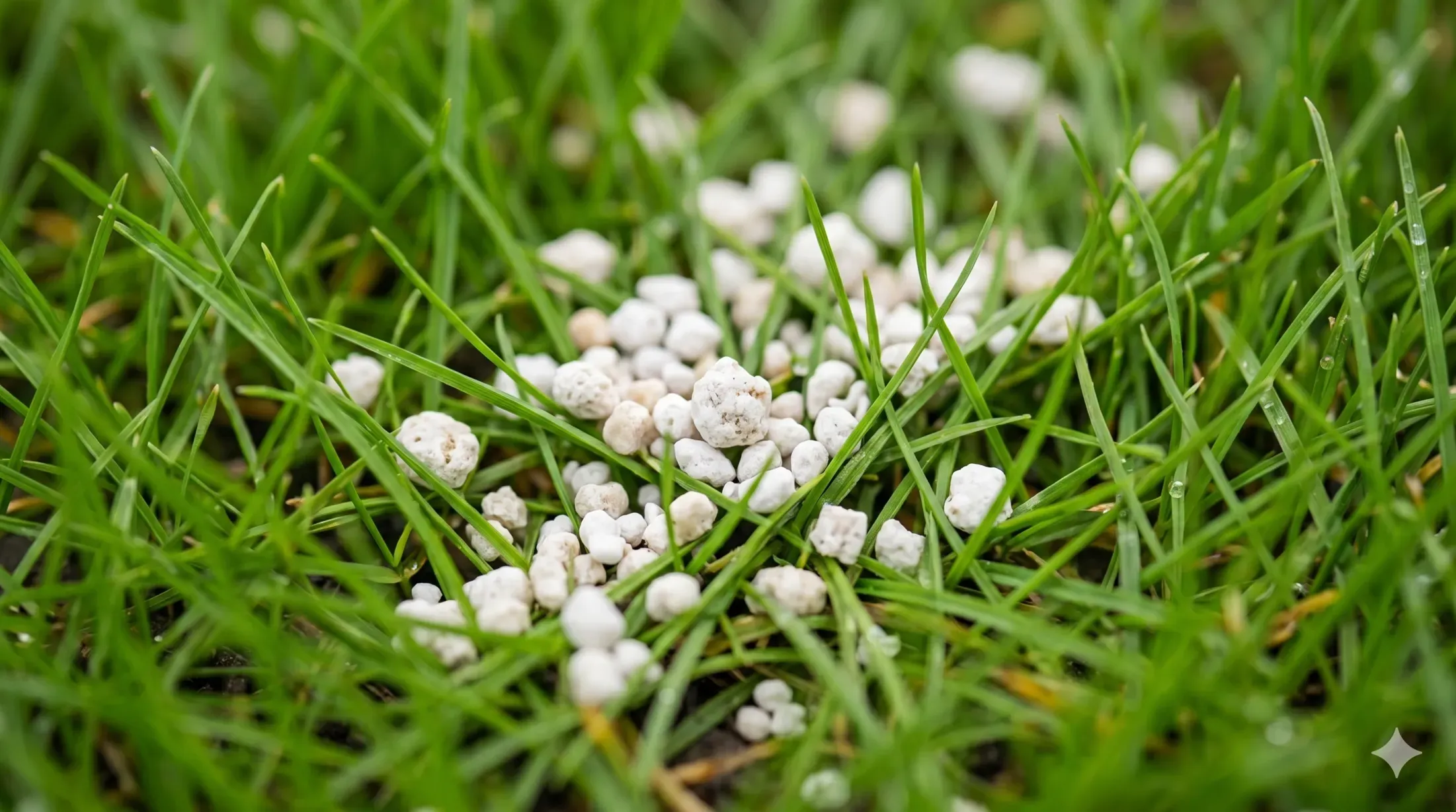 Slow-release fertilizer granules on top of a grass lawn surface.