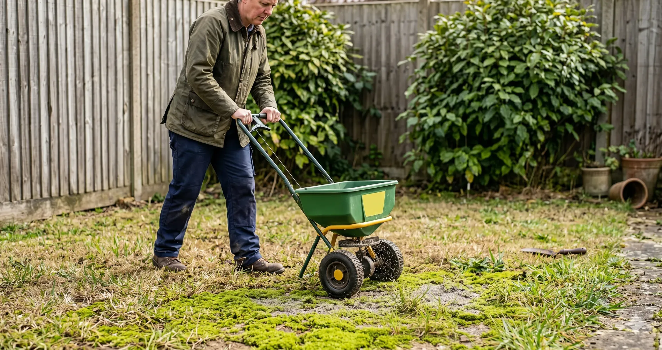 Applying moss killer treatment to a patchy green yard in spring.