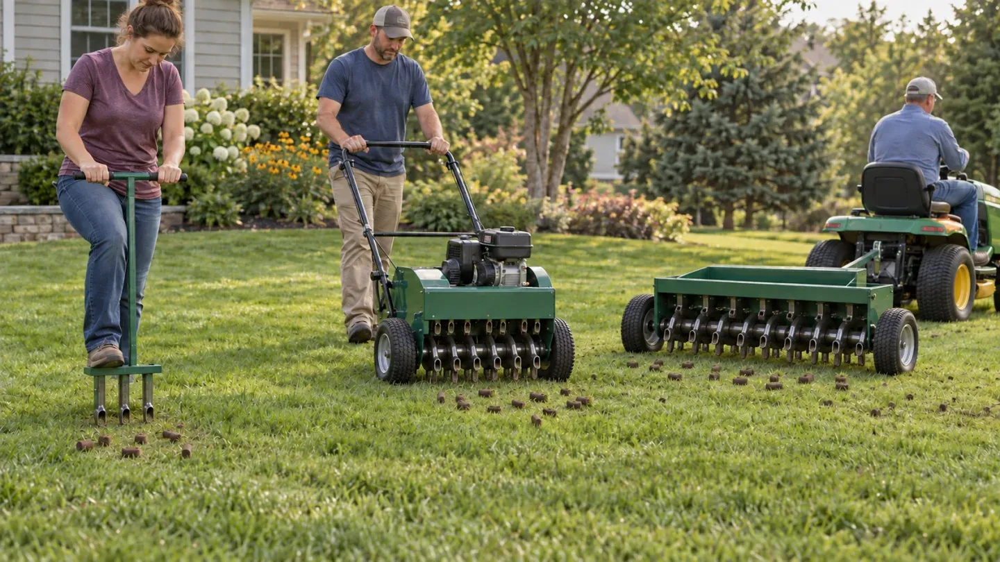 On a residential lawn, a hand aerator, a powered walk-behind machine, and a tow-behind attachment use hollow tines to remove soil plugs.
