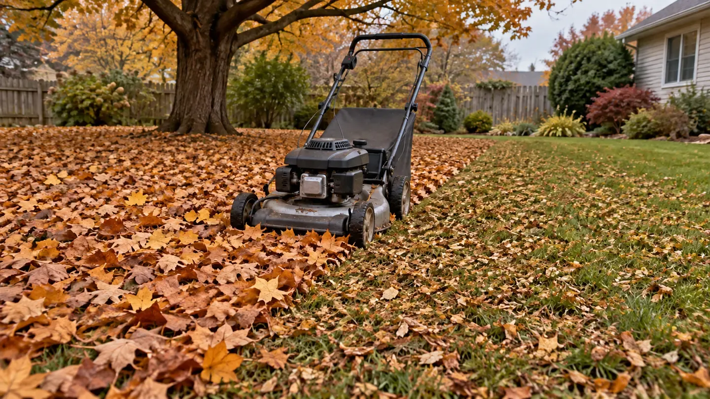 A push mower on a fall lawn, with whole leaves covering the grass on one side and mowed leaf pieces scattered through green grass on the other.
