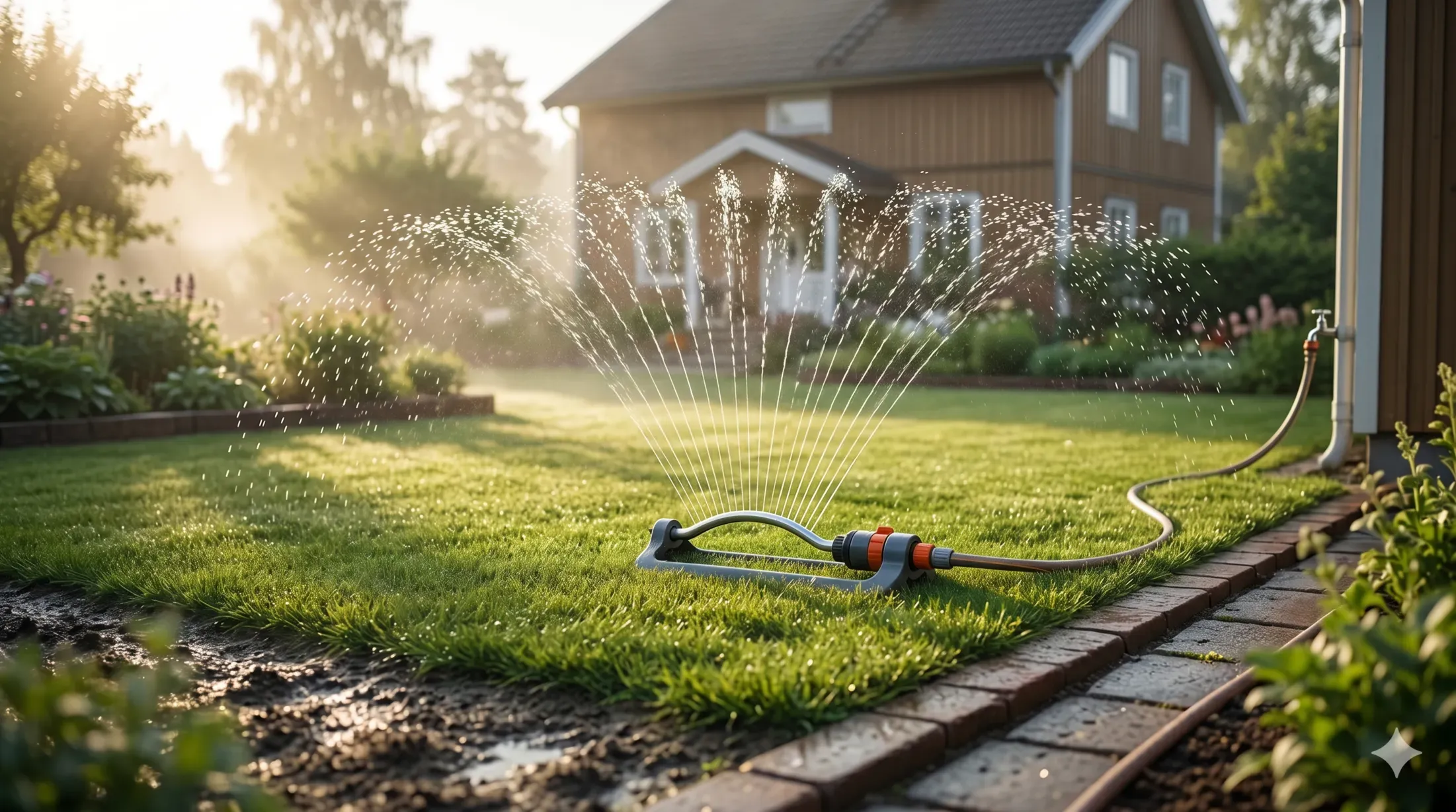 A lawn sprinkler watering a yard in the early morning.