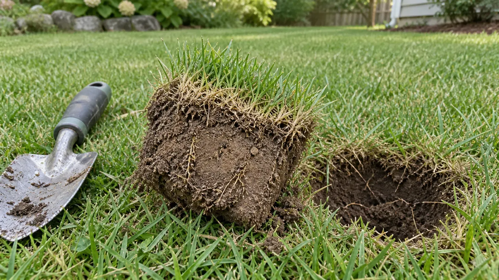 A lifted turf sample beside a small inspection hole and hand trowel, showing grass, fibrous material and rooted soil below.