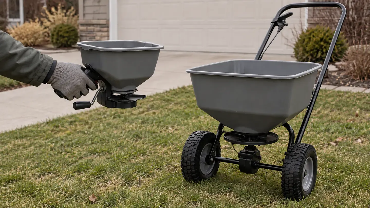 A small handheld crank spreader held in a gloved hand next to a larger walk-behind broadcast spreader on a residential lawn.