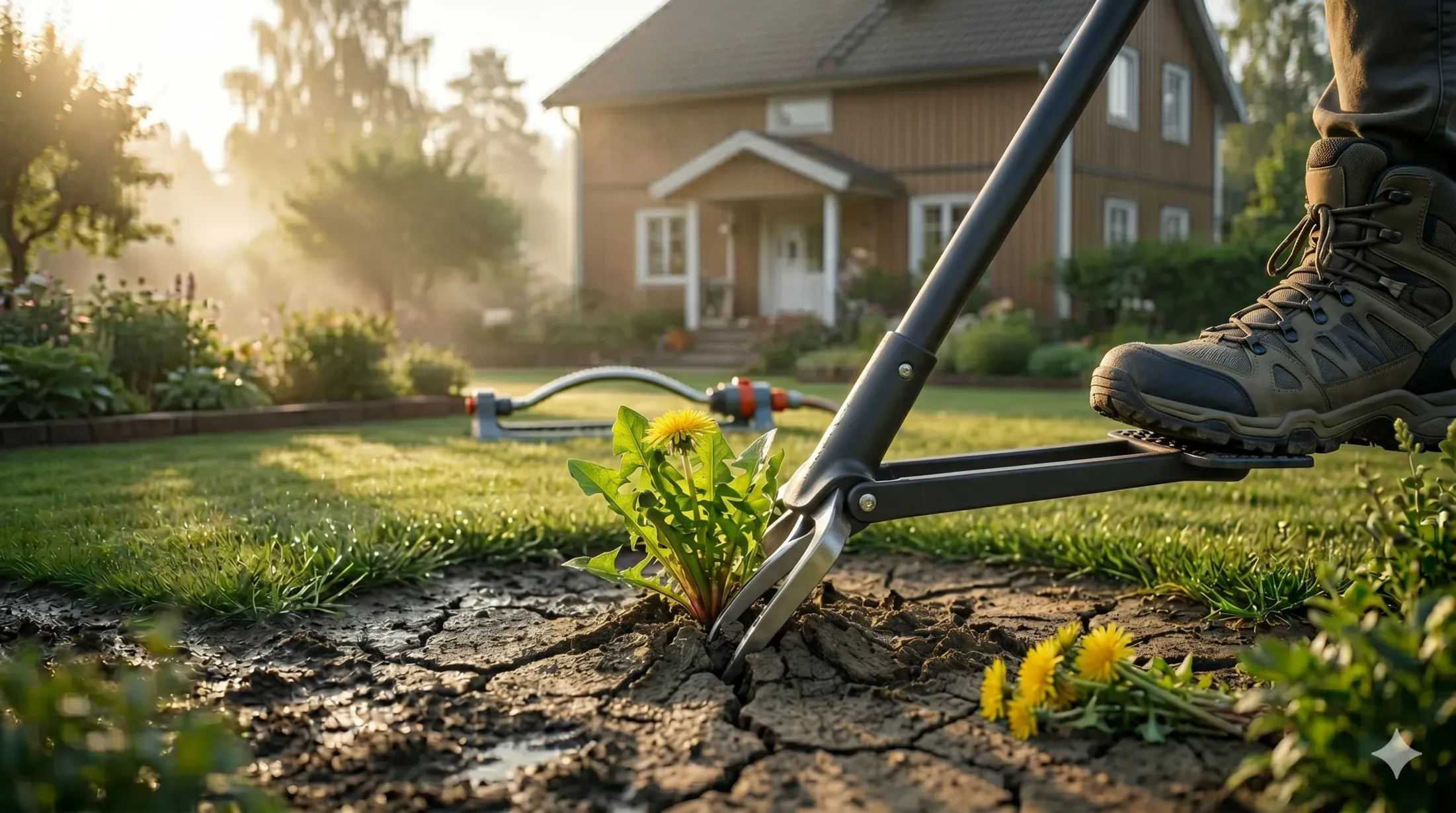 A stand-up weed puller positioned over a weed in dry soil.