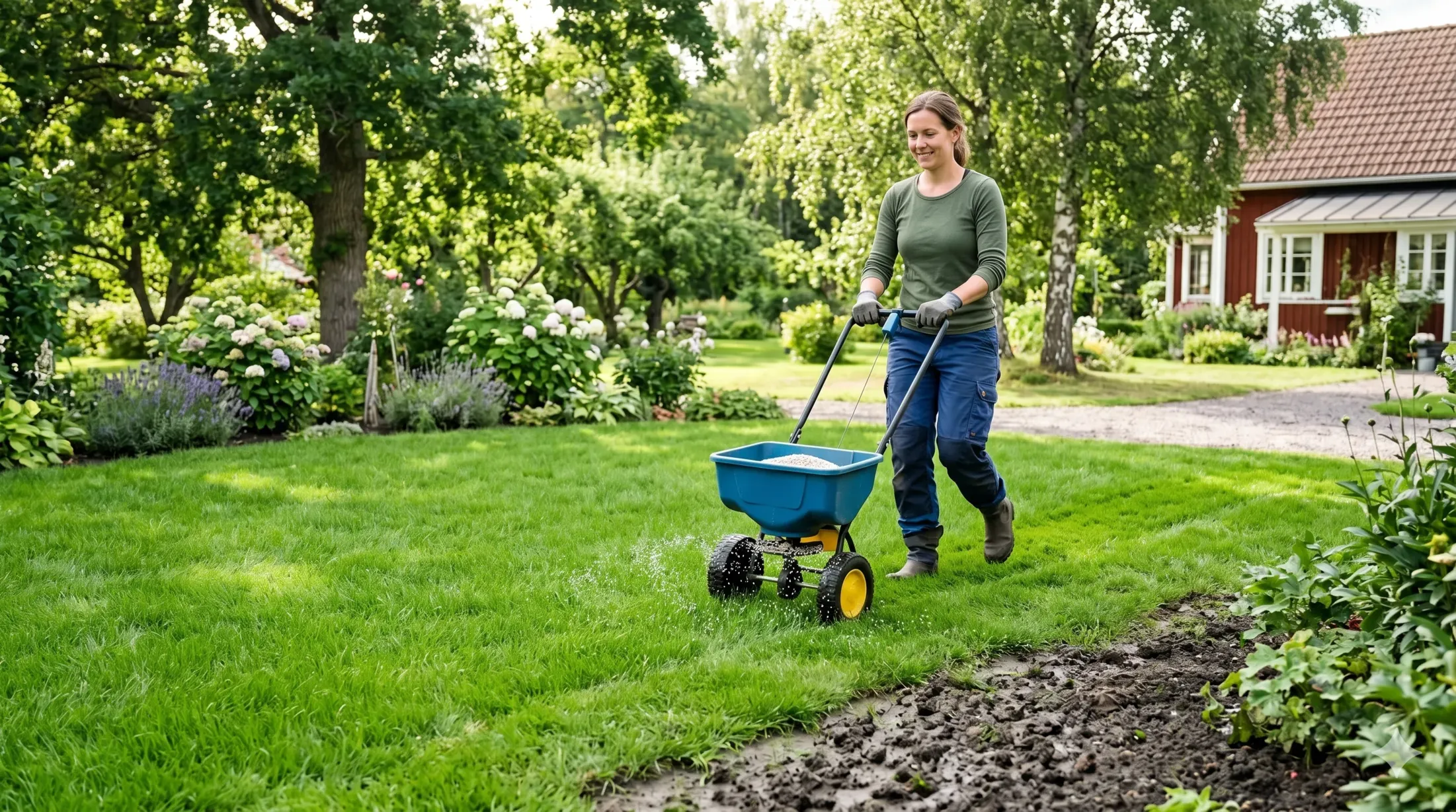 A broadcast spreader applying granular fertilizer to a lawn.