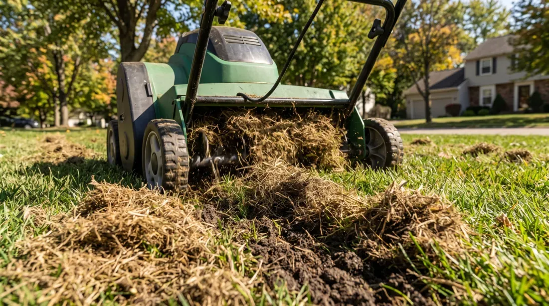An electric dethatcher pulling up thick layers of thatch from a clay soil lawn in autumn.