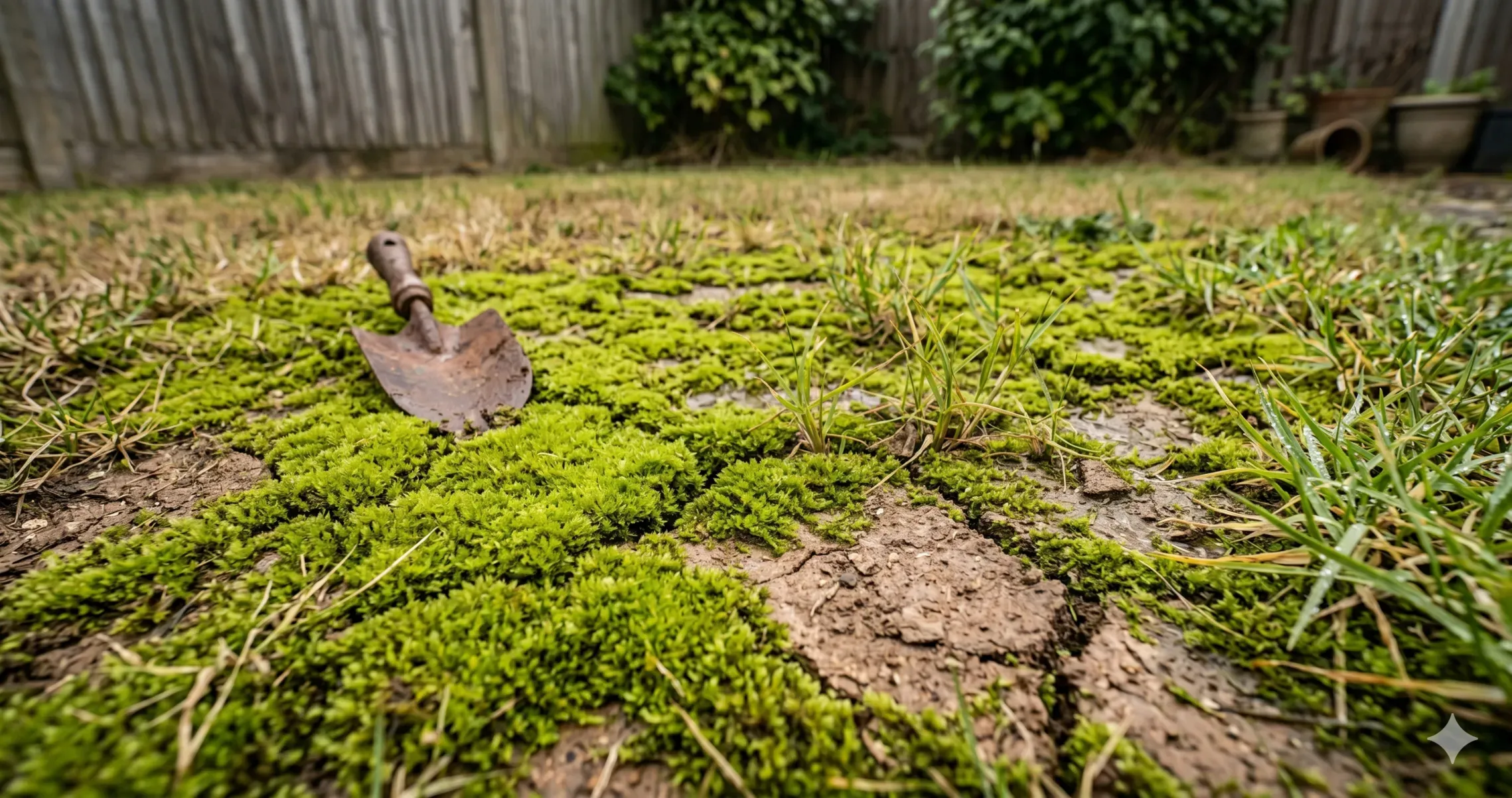 Thick green moss invading a clay soil lawn due to poor drainage and soil compaction.