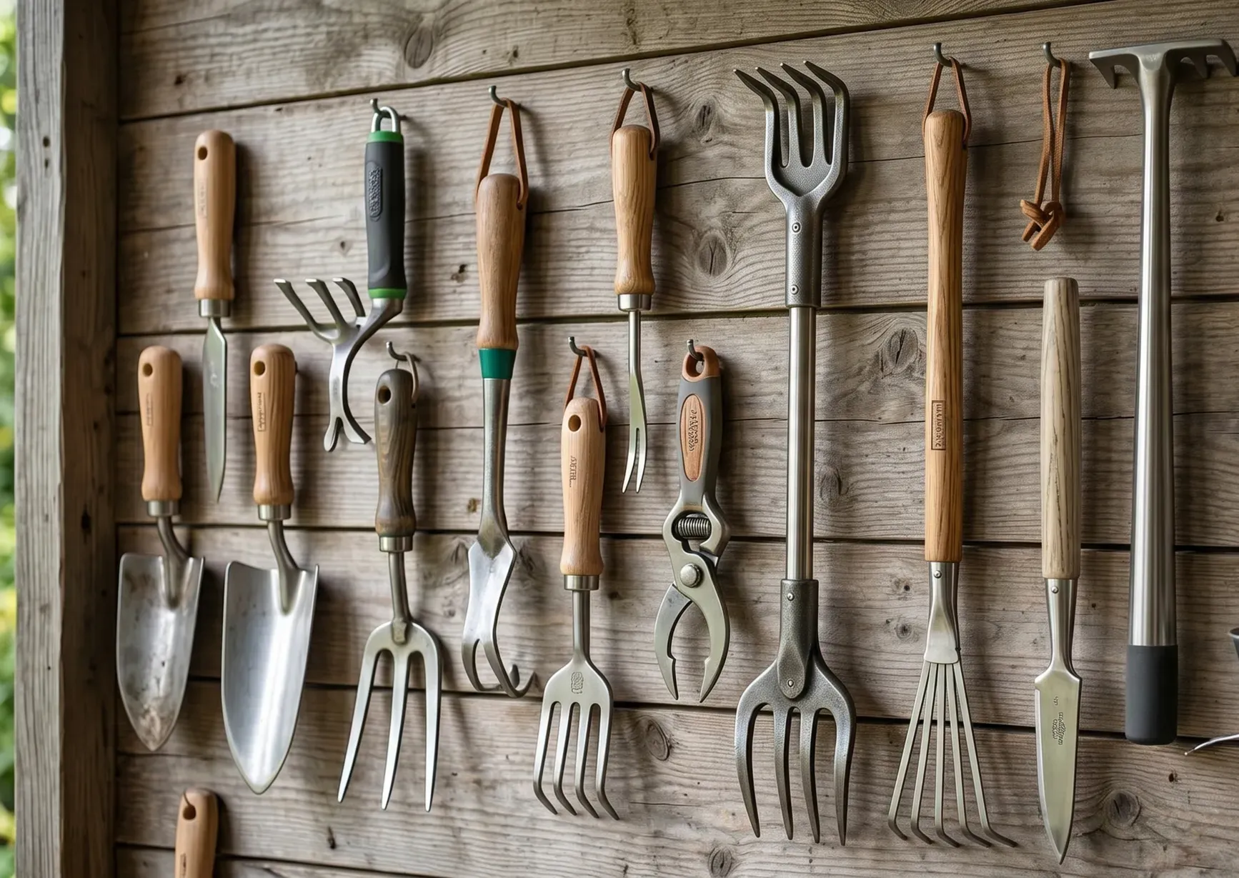 A group of long-handled garden tools standing together.