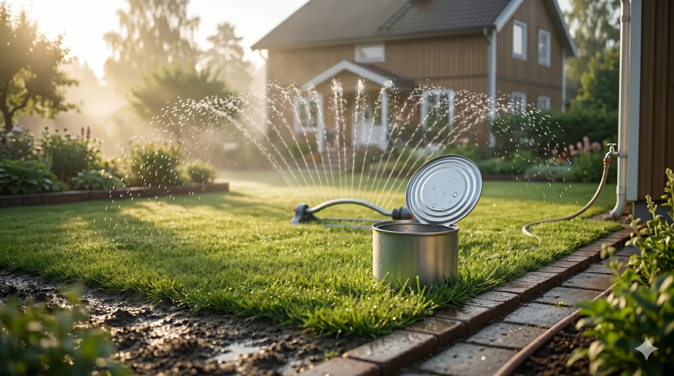 Using a tuna can to measure sprinkler water output on a grass lawn.
