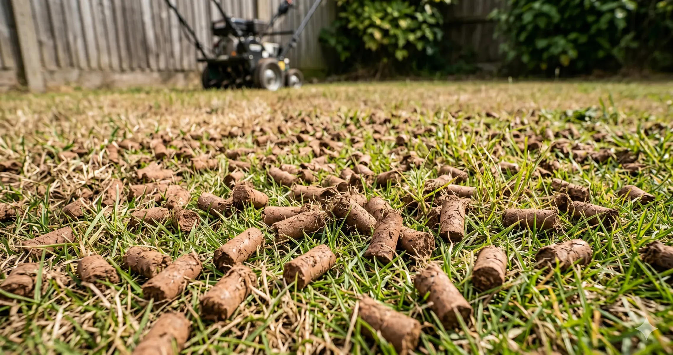 Core aeration plugs scattered across a hard clay lawn to prepare for seed placement.