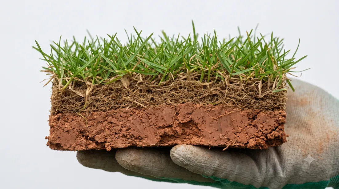 A close-up of a soil sample showing a thick thatch layer sitting above dense clay soil.