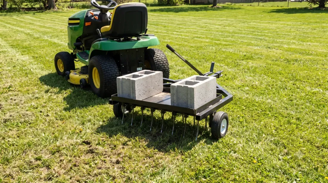 A riding lawn tractor pulling a tow-behind dethatcher weighted down with cinder blocks on a large lawn.