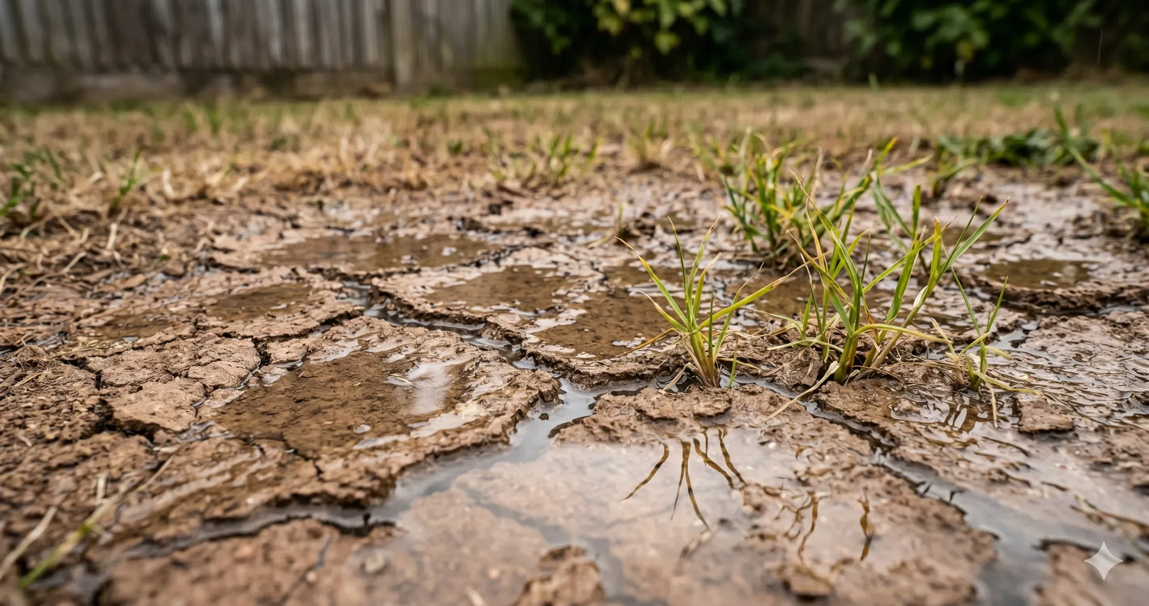 Standing water pooling on top of a compacted clay lawn after rain due to poor drainage.