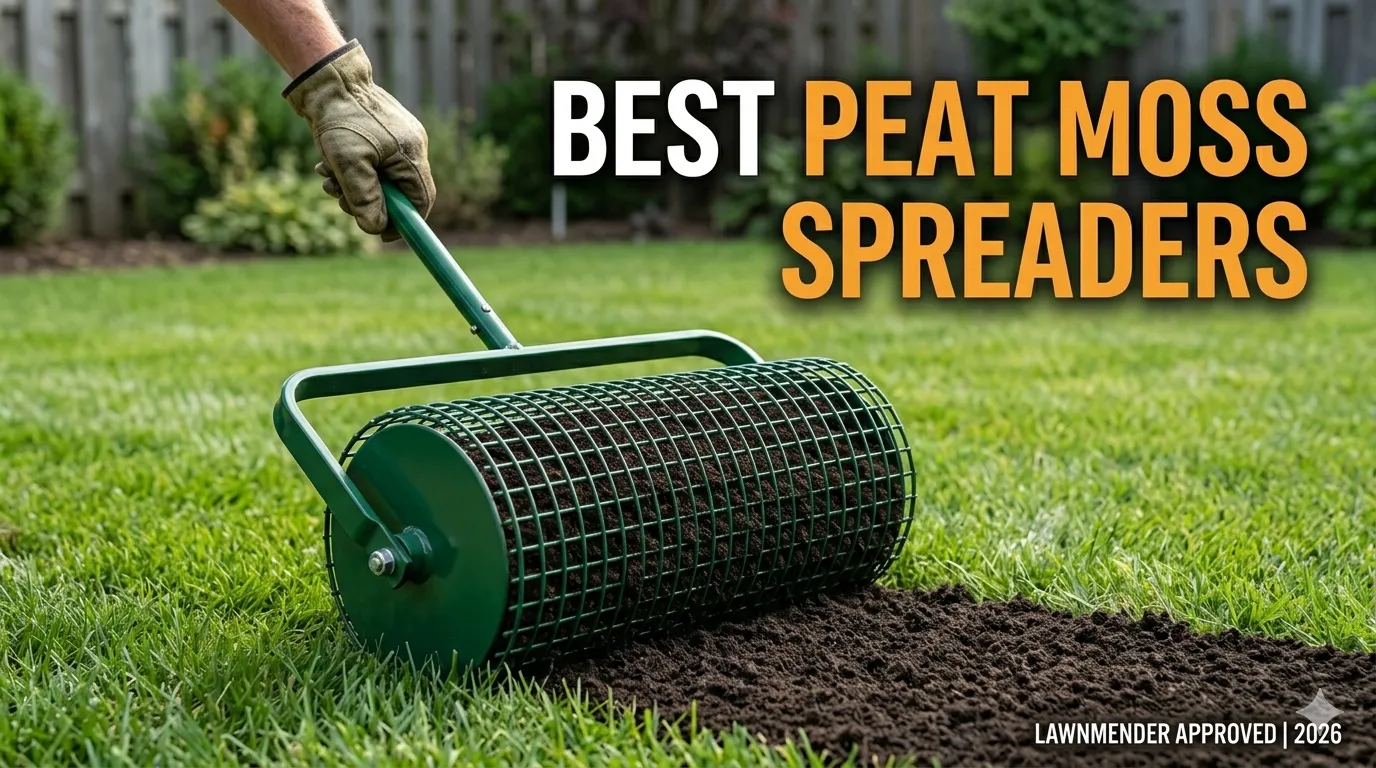 The Best Peat Moss Spreaders for Topdressing a Lawn (And Saving Your Back) 1 A green metal peat moss spreader being pushed over a lawn, evenly distributing dark compost