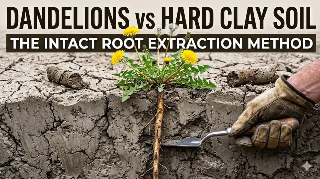 Dandelions growing in dry, cracked clay soil vs extracted root