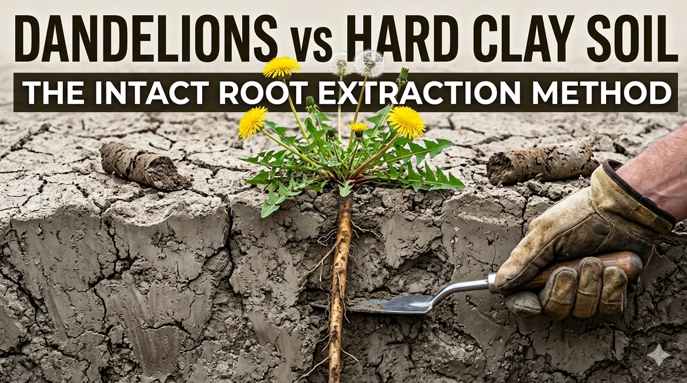 Dandelions growing in dry, cracked clay soil vs extracted root