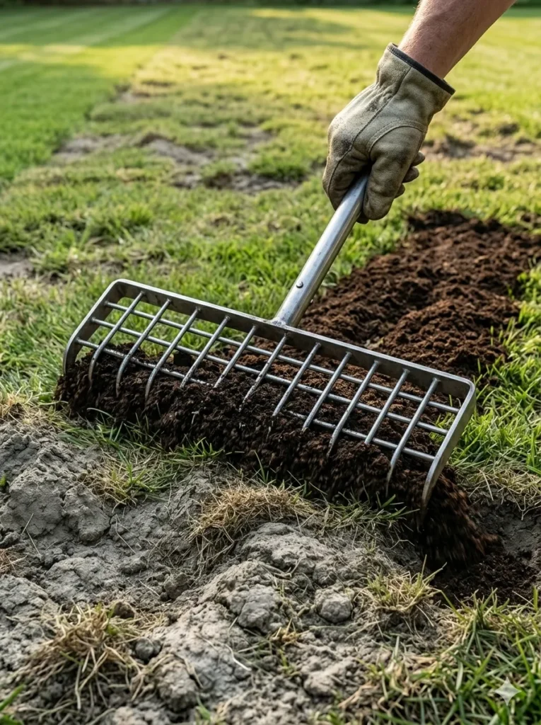 How to Level a Bumpy Lawn (Without Turning Your Soil Into Concrete) 2 How to use a leveling rake to fix a bumpy lawn.