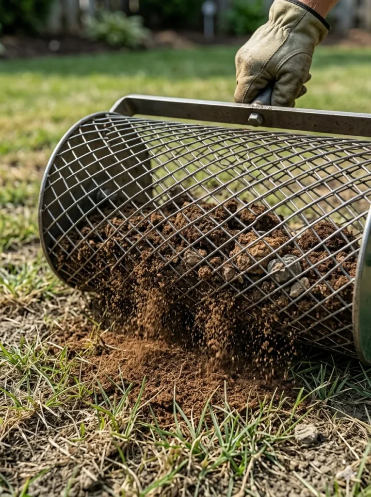The Best Peat Moss Spreaders for Topdressing a Lawn (And Saving Your Back) 2 A close-up of a peat moss spreader mesh actively filtering dry material onto a clay-heavy lawn, separating clumps and sticks.