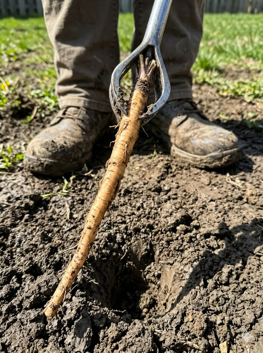 A stand-up weeding tool successfully extracts a massive intact dandelion taproot from softened clay soil.
