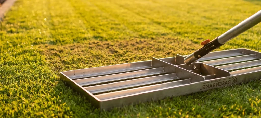 Close up of the best lawn leveling rake where we can see the construction.