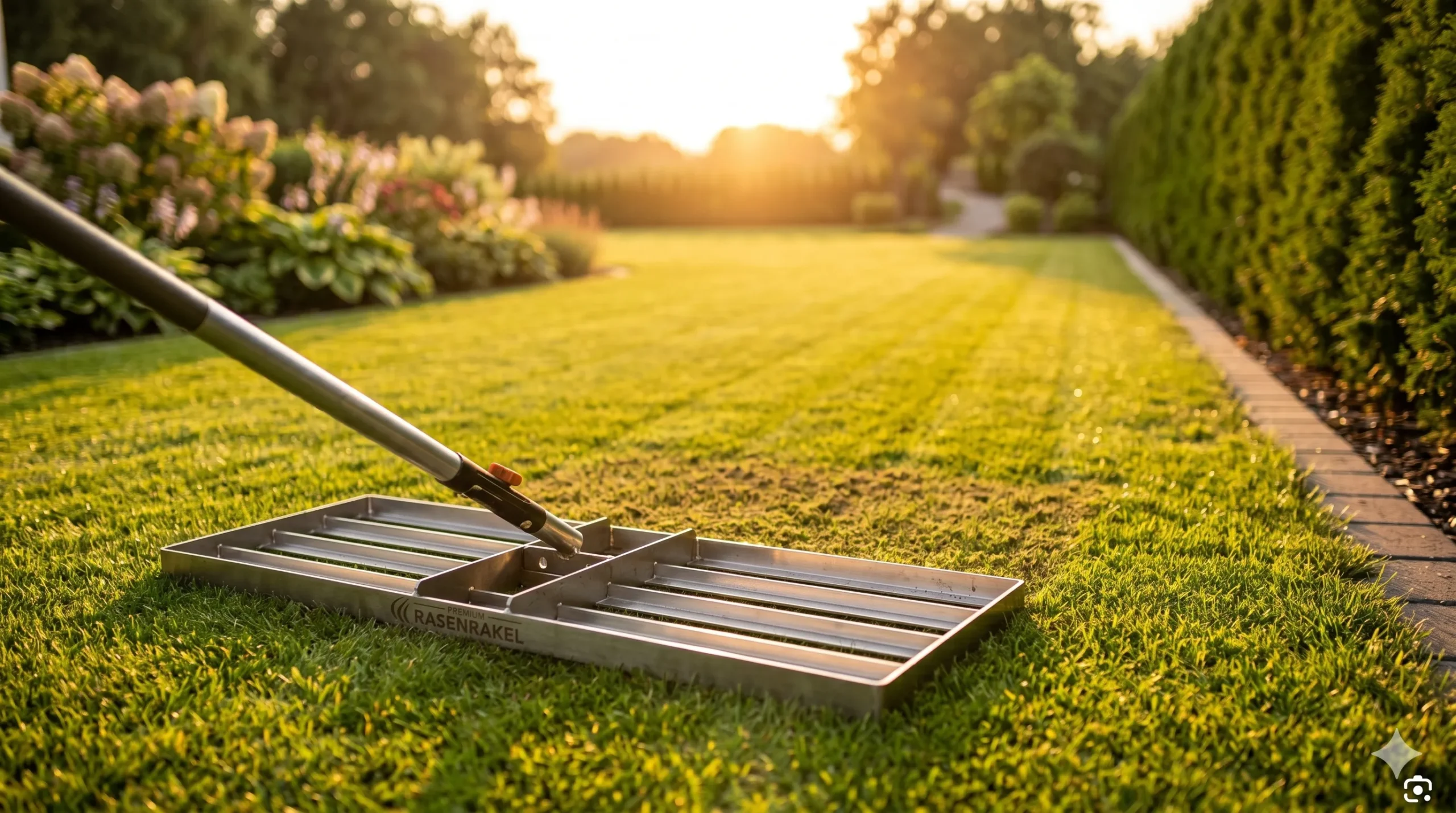 A professional stainless steel lawn leveling rake being used to smooth out topdressing soil on a green yard.