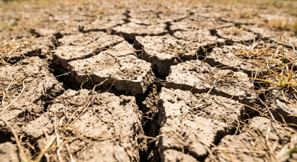 A close-up photograph of deep, open cracks splitting a dry clay soil lawn during summer heat.