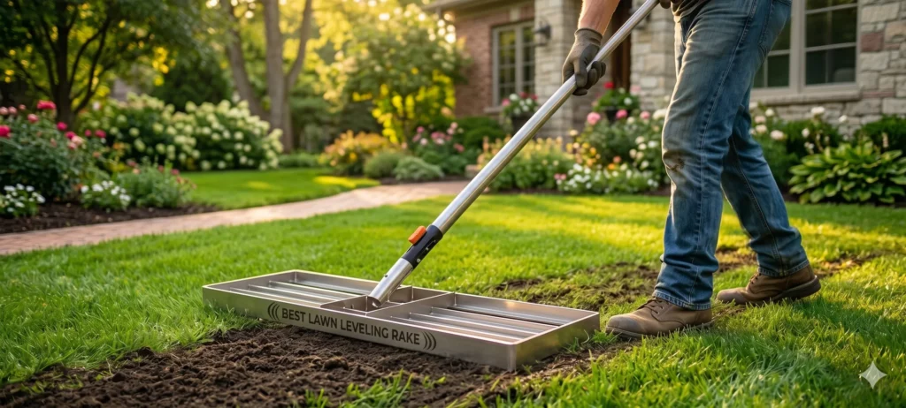 A homeowner using a leveling rake to smooth out topdressing soil on an uneven lawn.