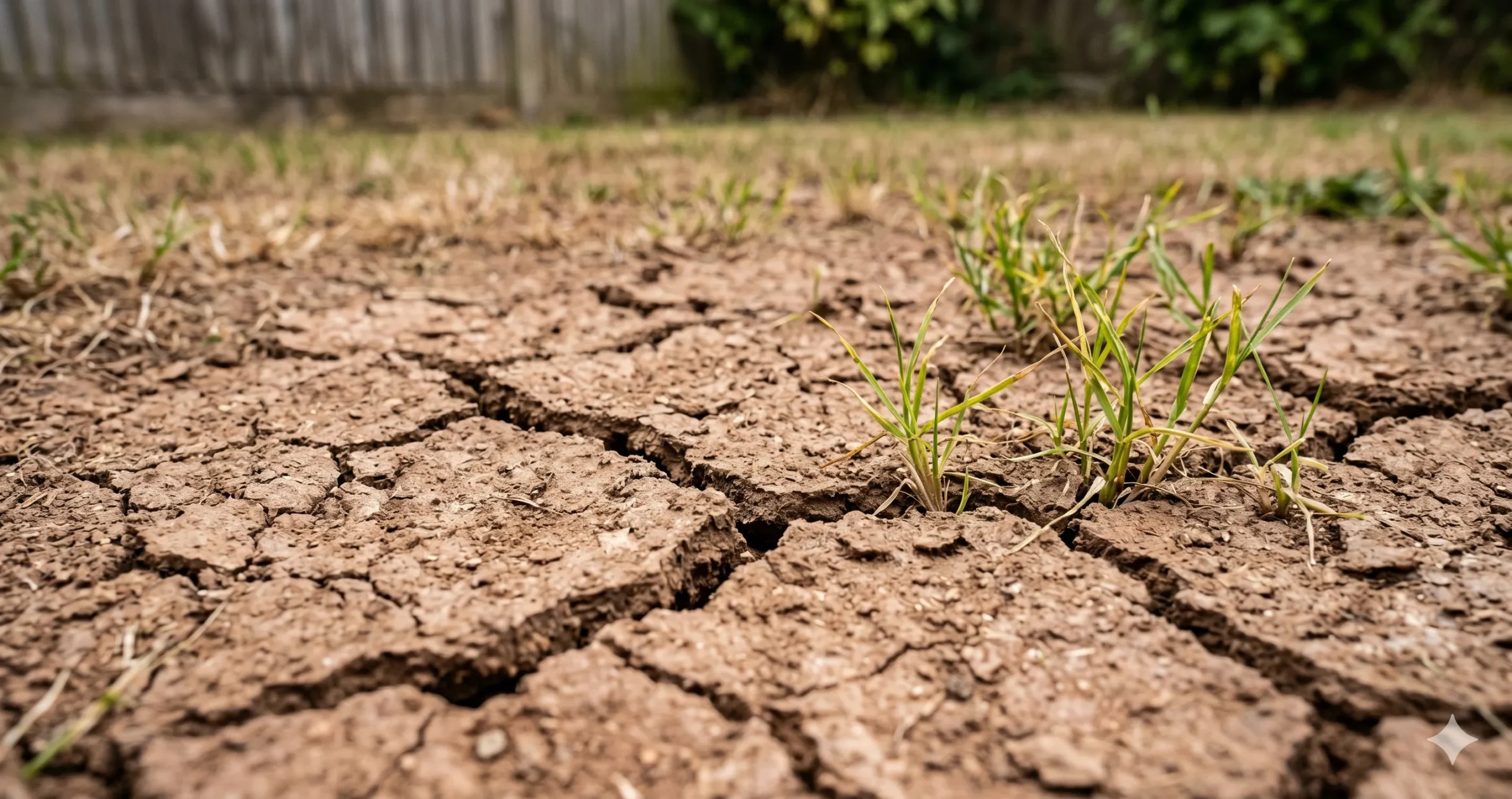 Dry and cracked clay soil lawn showing signs of severe soil compaction. You can learn how to fix compacted clay soil lawn here.