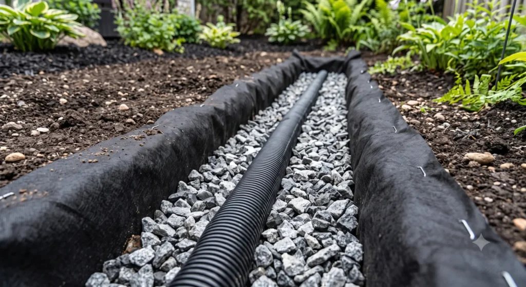 Installing a gravel French drain system to help fix standing water on a clay lawn.