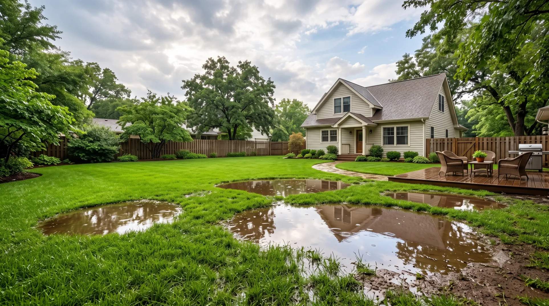 A residential backyard showing how to fix standing water on a clay lawn after heavy rain.
