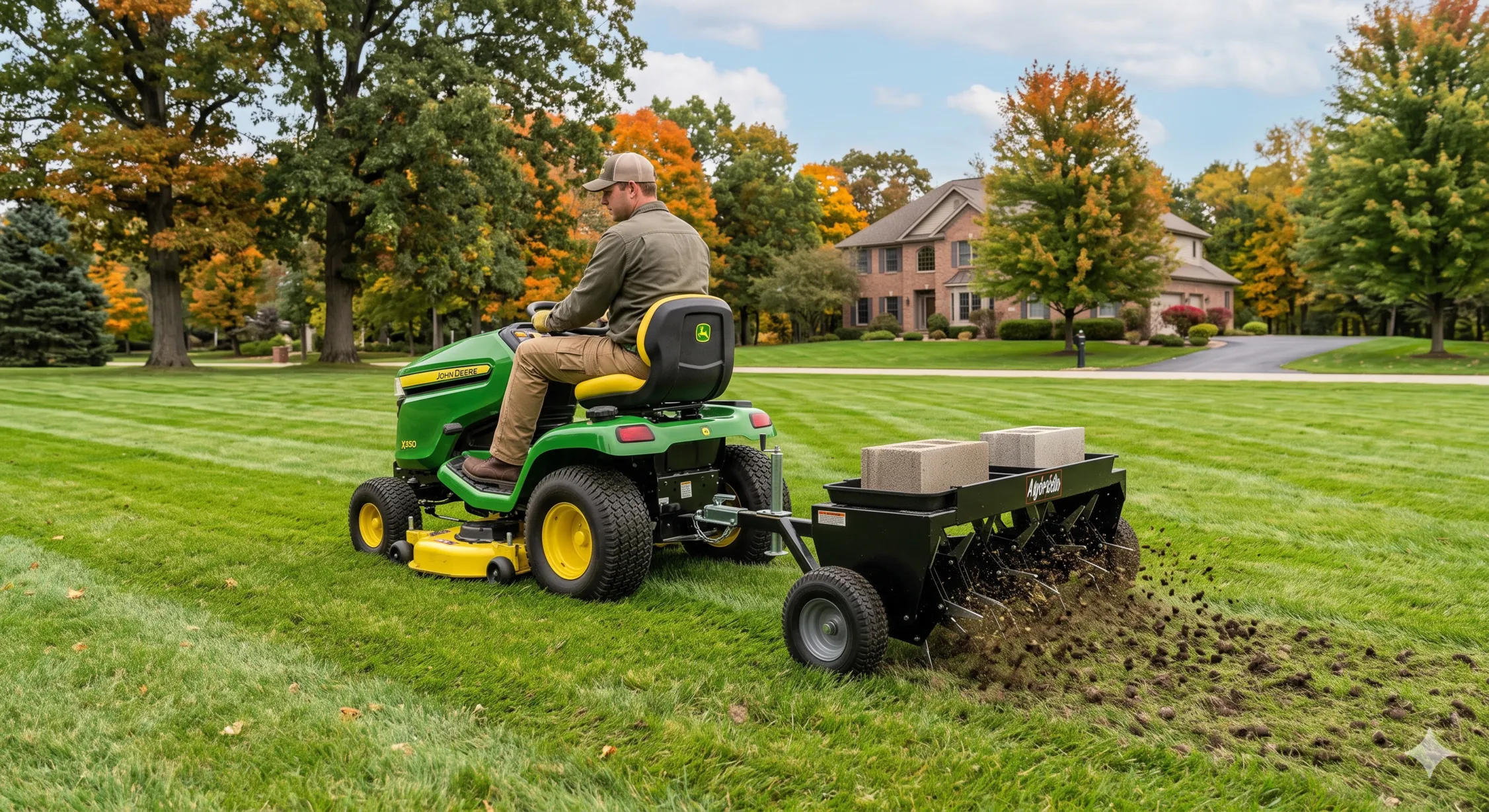 A riding lawn mower pulling a heavy-duty tow-behind plug aerator across a large yard. Featured image for Best Tow-Behind Plug Aerators