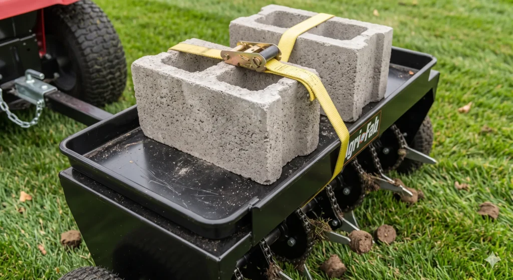 Concrete blocks placed on top of a tow-behind aerator tray for extra weight on clay soil.