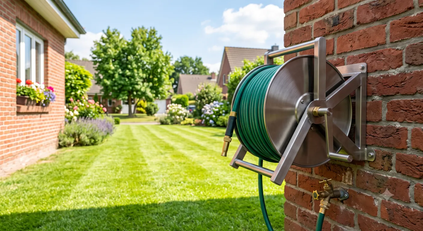 A commercial grade steel garden hose system showcasing the best heavy-duty hose reels for large clay yards.
