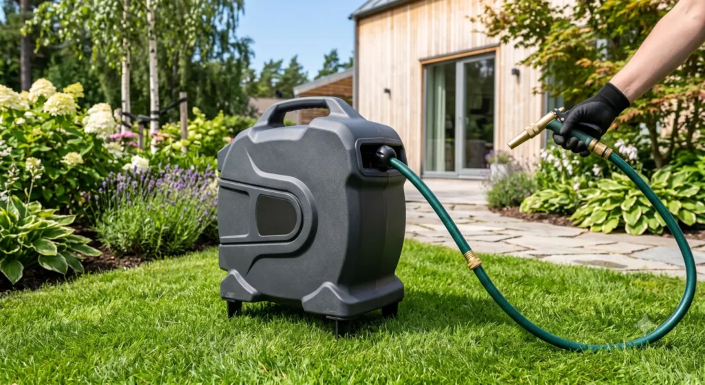 An automatic retractable hose reel sitting on a grass lawn during a summer watering session.