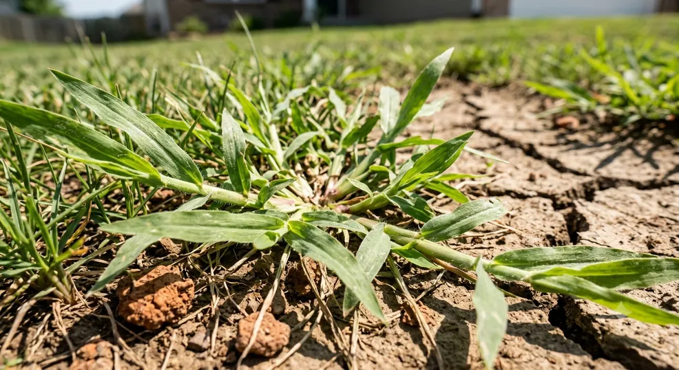 A close up look at an invading weed to show how to get rid of crabgrass in a clay soil lawn.