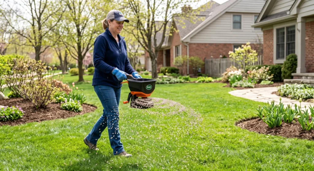 Applying pre-emergent granular fertilizer to prevent crabgrass from growing in clay soil.