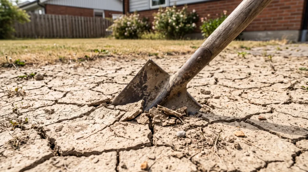 A metal garden shovel stuck in sun-baked, cracked ground, showing the negative effects when you mix sand with clay soil without organic matter.