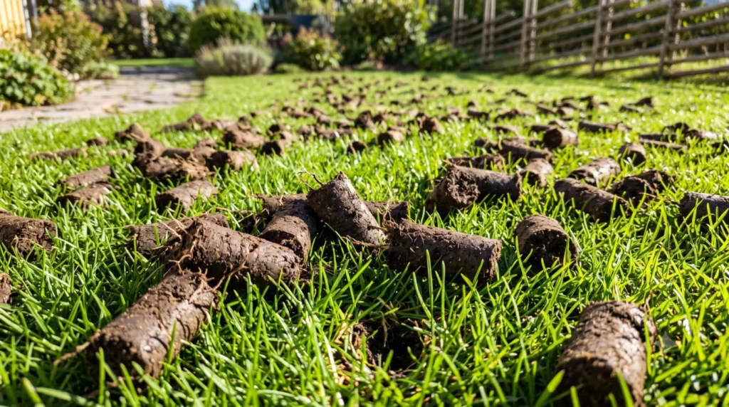 Freshly pulled soil plugs scattered across a green turf after core aeration, which is the correct way to fix compaction instead of dumping sand on clay lawn surfaces.