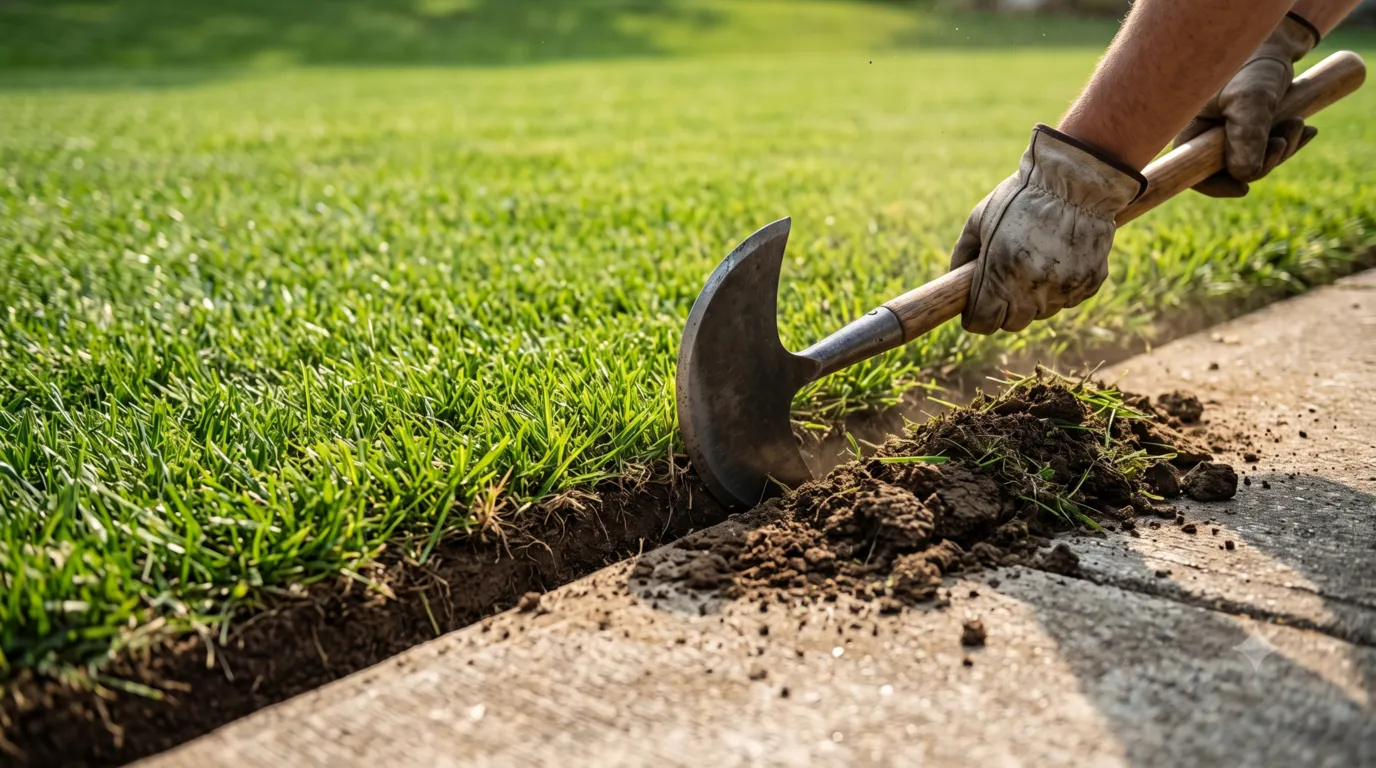 A close-up shot of a gardener using a manual half-moon edger tool to cut a clean border through hard, compacted clay soil along a concrete walkway.