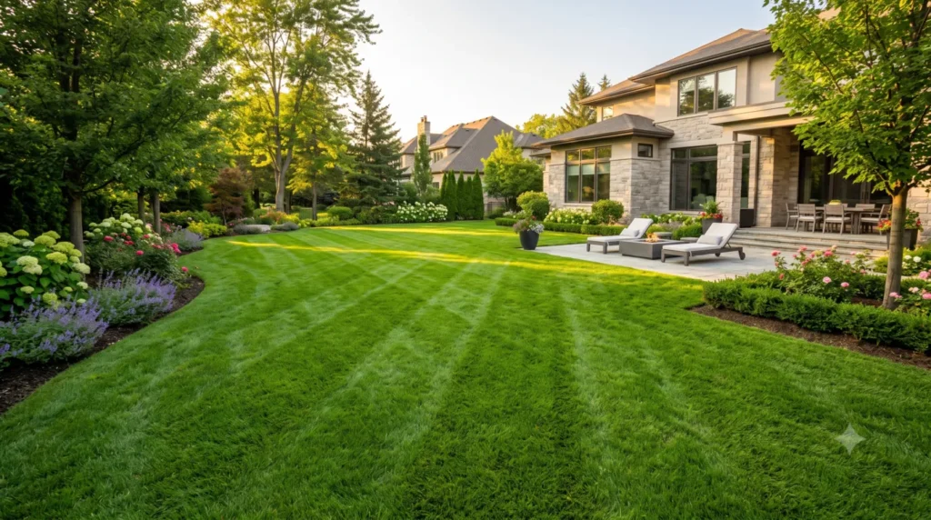 A thick, vibrant emerald green lawn with professional mowing stripes, showing a healthy yard that has been properly aerated and topdressed.