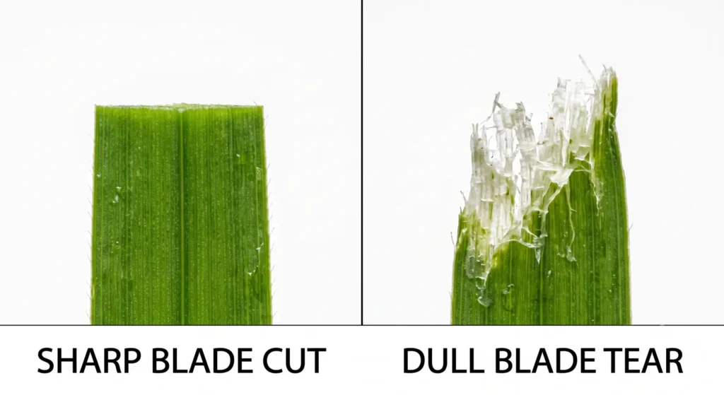 Comparing clean cut grass from a sharp blade versus frayed grass from a dull mower blade.