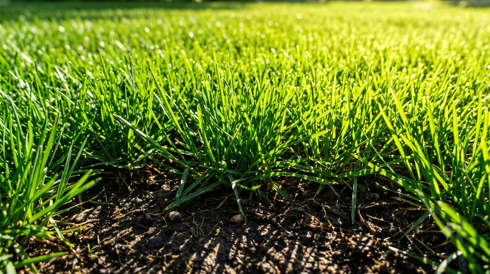 A lush green lawn cut high to show how to mow a clay soil lawn in summer to protect roots.