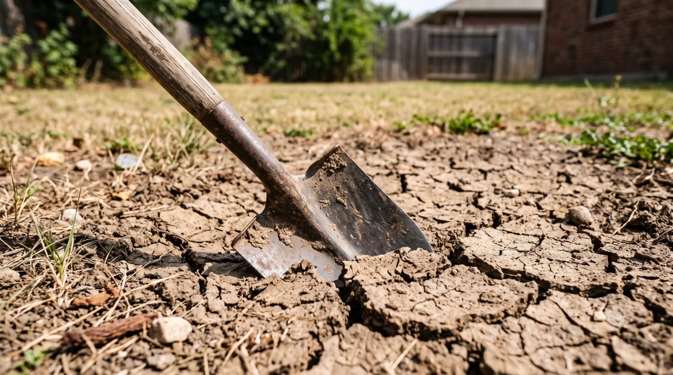 A neat pile of coarse yellow sand sitting on a patchy backyard grass yard, demonstrating why homeowners try to add sand to clay soil to improve lawn drainage.