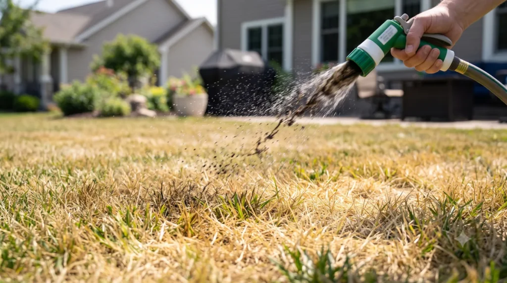 Spraying liquid iron supplement onto a yellowing clay lawn to restore its dark green color.