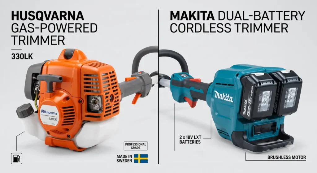 Comparing high power gas versus cordless battery weed whackers for yard work.