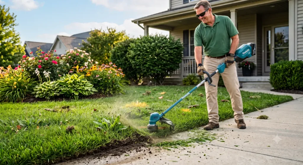 Using a powerful string trimmer showcasing the best heavy-duty weed whackers for tough clay edges.