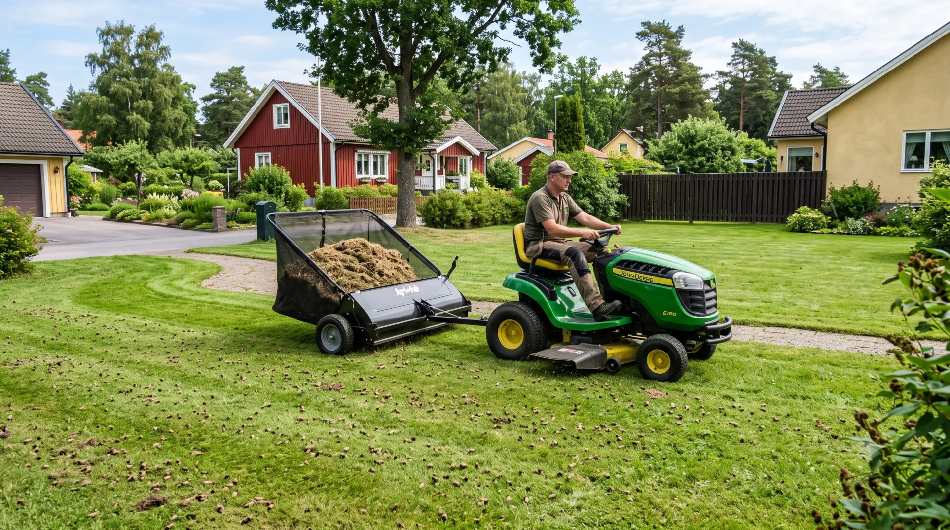 A riding lawn mower using the best tow-behind lawn sweepers for clay soil yards to clear debris.