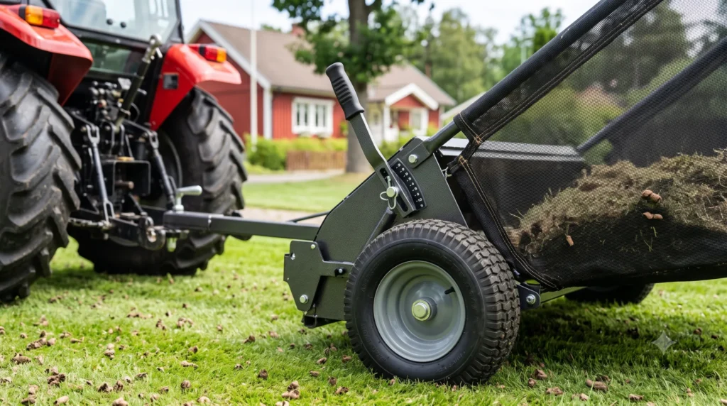 A close-up view of a heavy-duty tow-behind lawn sweeper hitch system and height adjustment mechanism.